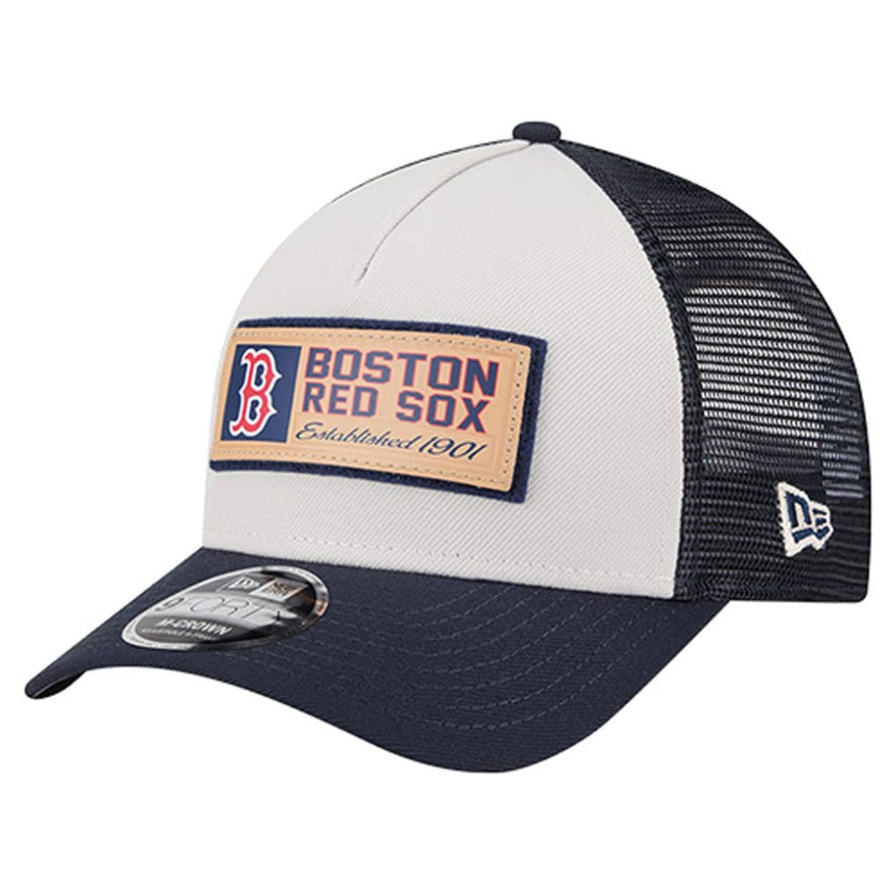 Boston Red Sox New Era Text A-Frame Trucker 9FORTY Hat - Stone/Navy - New Era Online