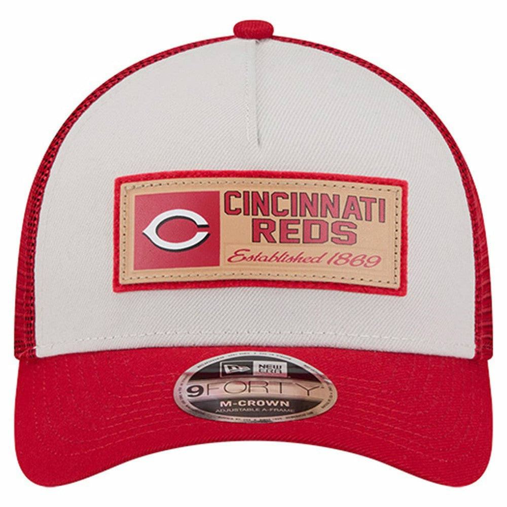 Cincinnati Reds New Era Text A-Frame Trucker 9FORTY Hat - Stone/Red - New Era Lifestyle