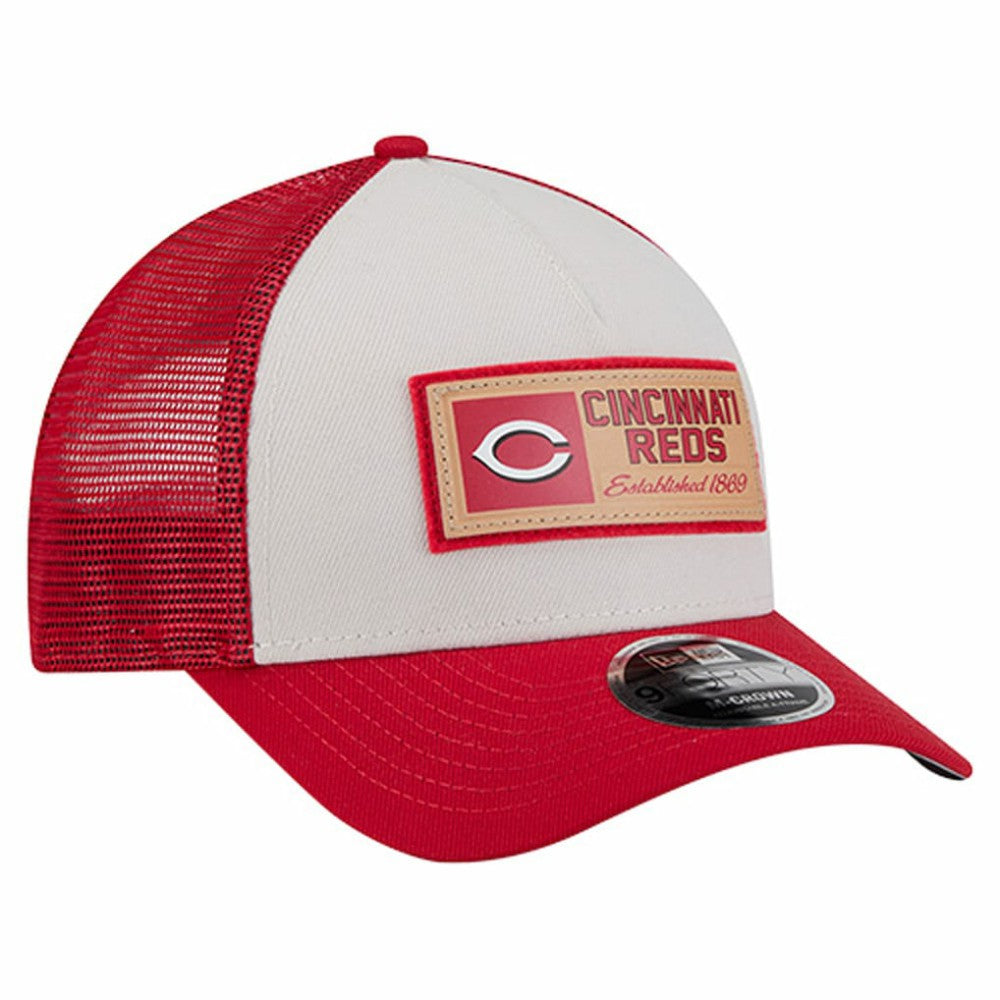 Cincinnati Reds New Era Text A-Frame Trucker 9FORTY Hat - Stone/Red - New Era Lifestyle