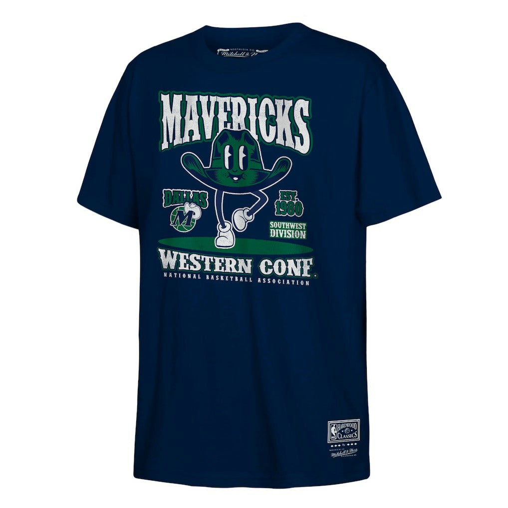 Dallas Mavericks Youth Retro Mascot Script T-Shirt for sale Navy | Mitchell & Ness Near Me