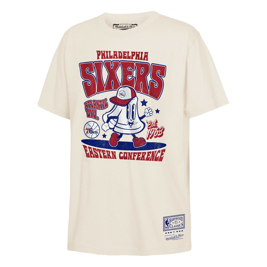 Philadelphia 76ers Youth Retro Mascot Script T-Shirt Cream | Mitchell & Ness for sale