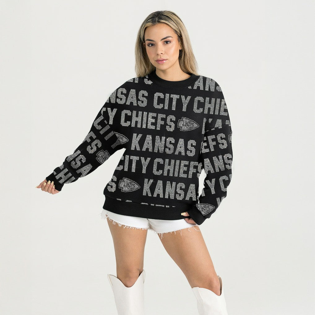 Kansas City Chiefs Gameday Couture Women's Oversized Hype Era Rhinestone Text Sweatshirt Black