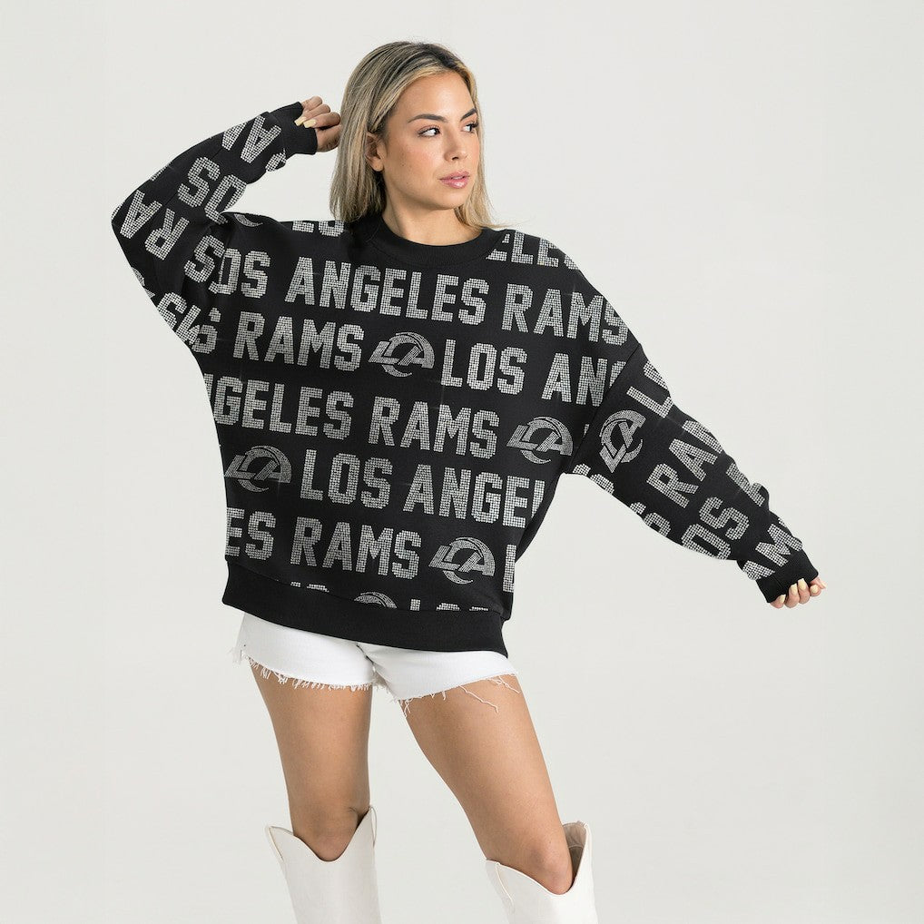 Los Angeles Rams Gameday Couture Women's Oversized Hype Era Rhinestone Text Sweatshirt Black