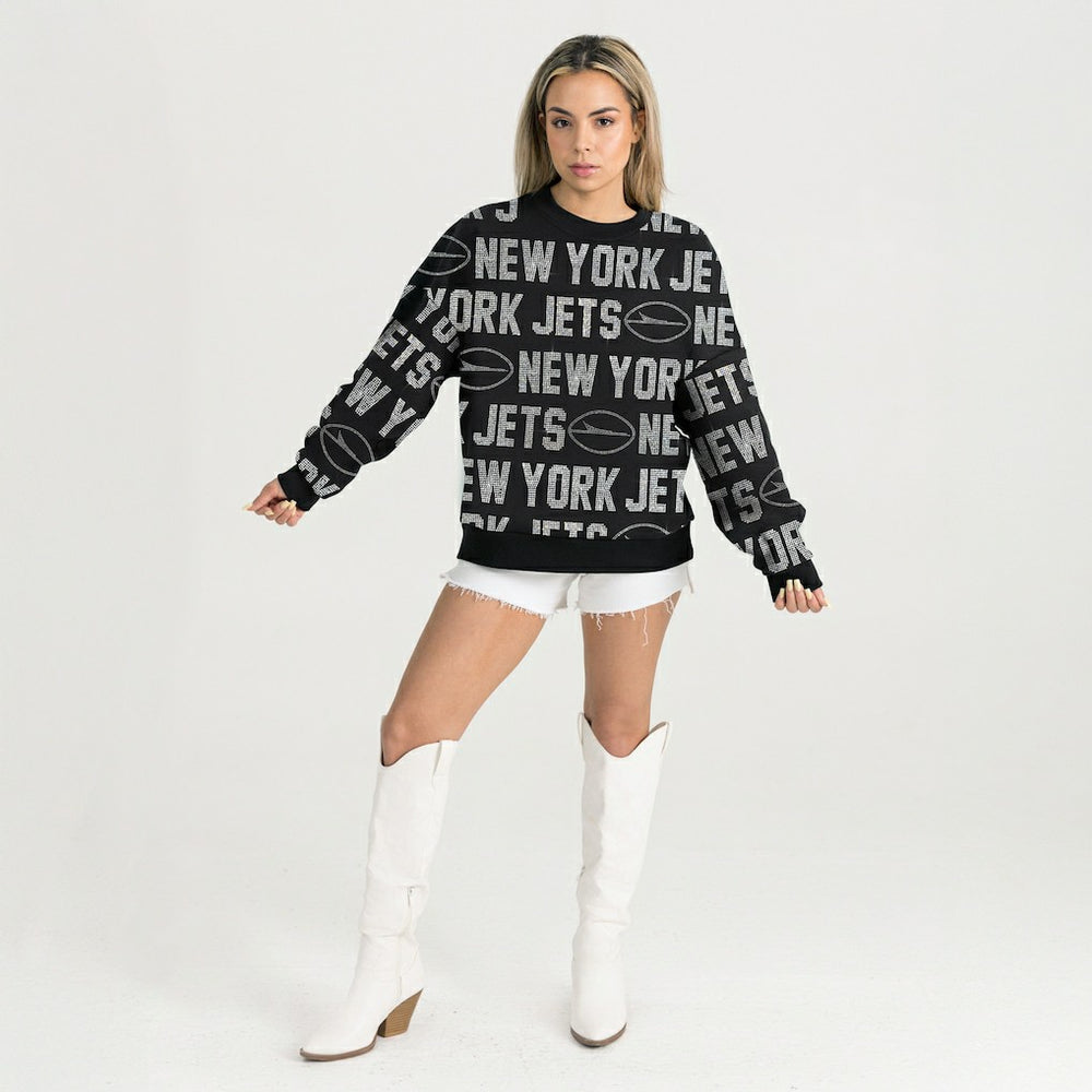 New York Jets Gameday Couture Women's Oversized Hype Era Rhinestone Text Sweatshirt Black