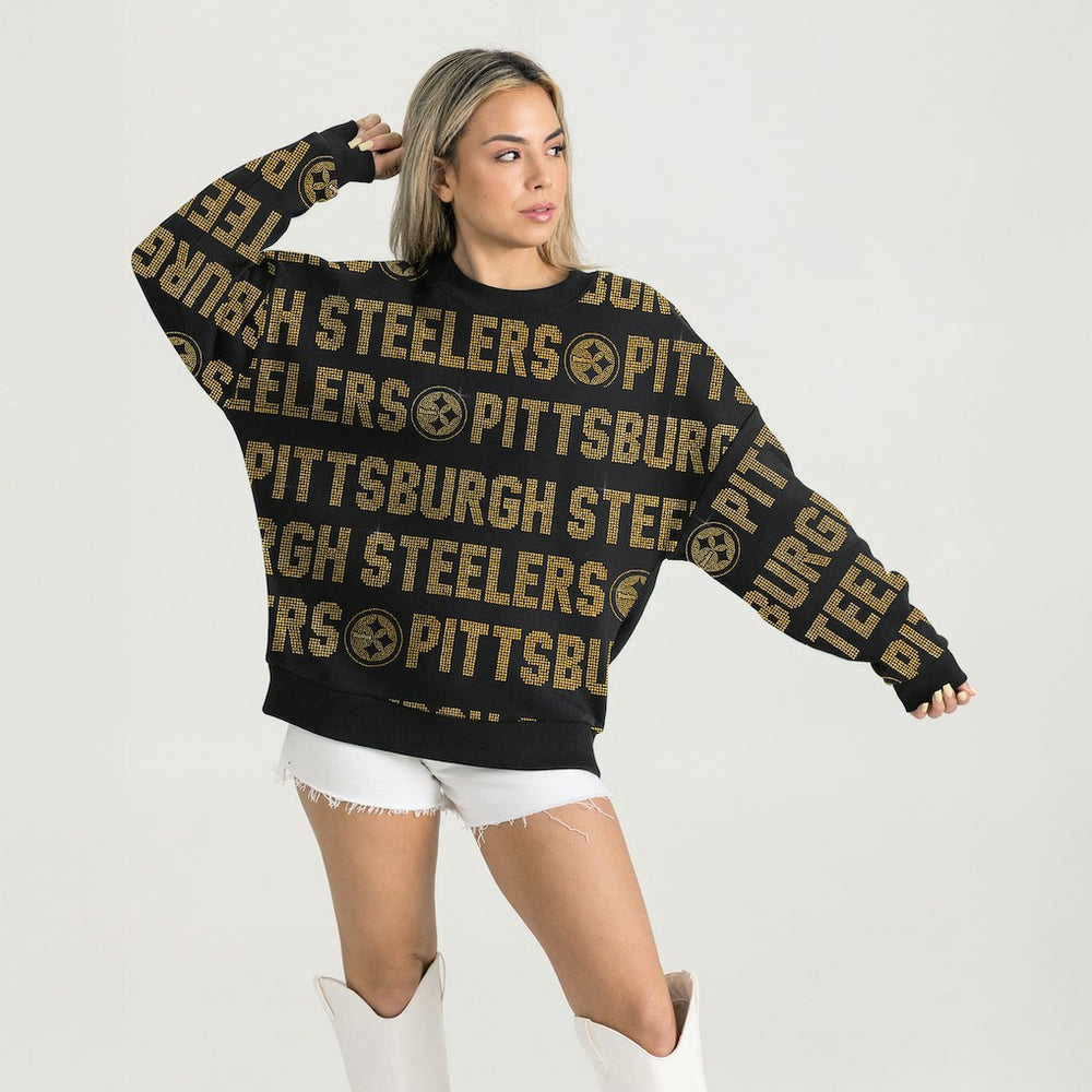 Pittsburgh Steelers Gameday Couture Women's Oversized Hype Era Rhinestone Text Sweatshirt Black