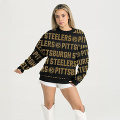 Pittsburgh Steelers Gameday Couture Women's Oversized Hype Era Rhinestone Text Sweatshirt Black