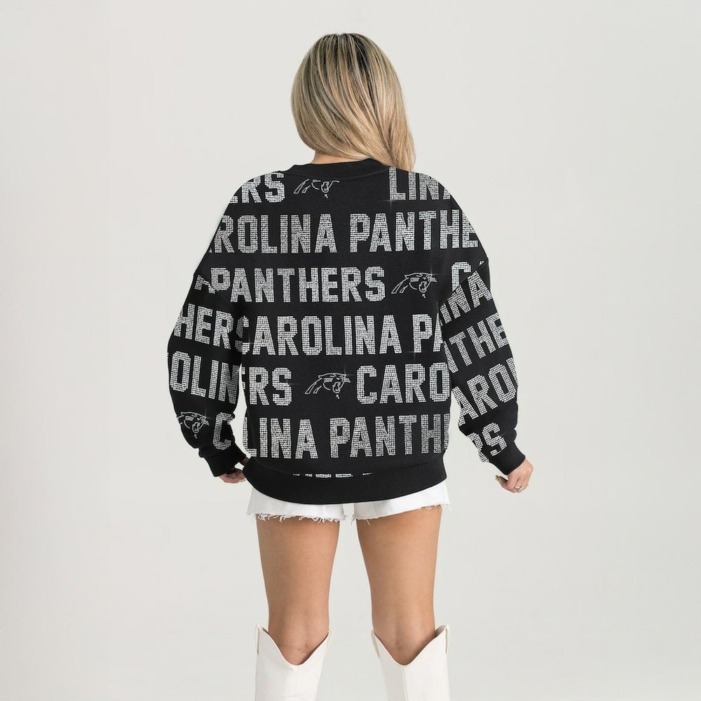 Carolina Panthers Gameday Couture Women's Oversized Hype Era Rhinestone Text Sweatshirt Black