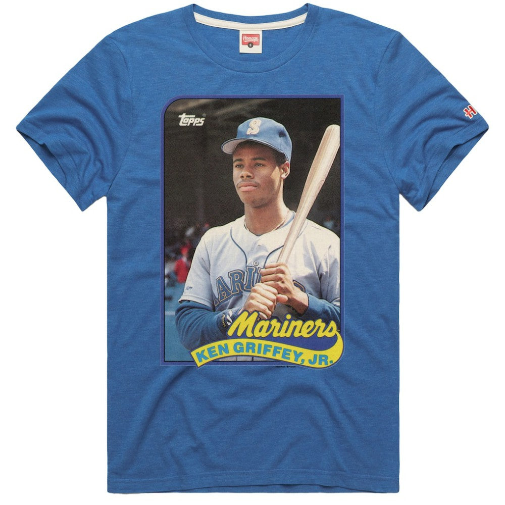 Ken Griffey Jr. Seattle Mariners Homage 1989 Topps Baseball Card Player T-Shirt - Royal - MLB on Sale