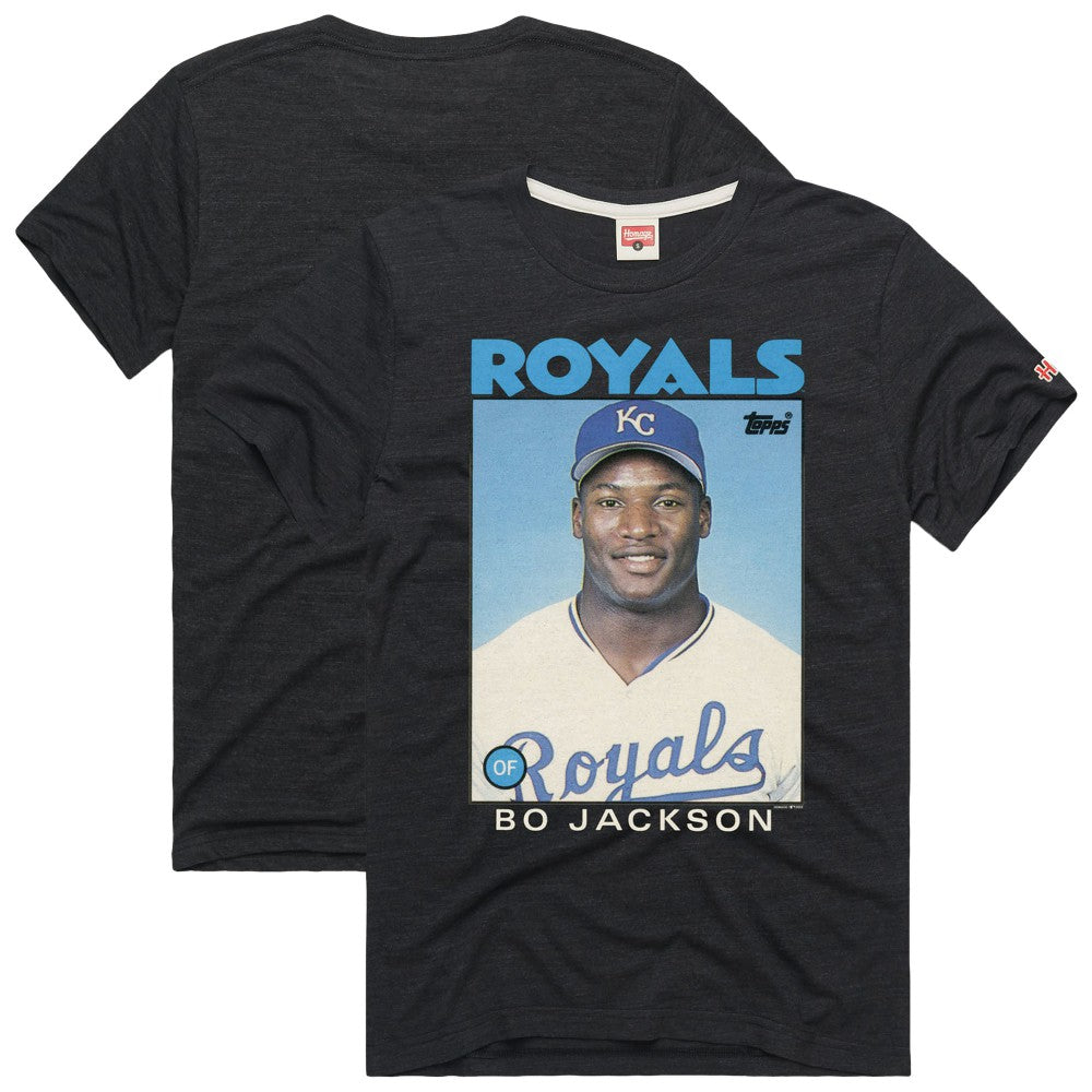 Bo Jackson Kansas City Royals Homage 1986 Topps Baseball Card Player T-Shirt - Charcoal - MLB Lifestyle