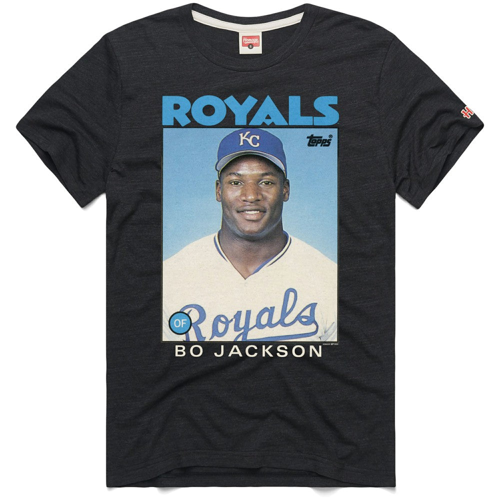Bo Jackson Kansas City Royals Homage 1986 Topps Baseball Card Player T-Shirt - Charcoal - MLB Lifestyle