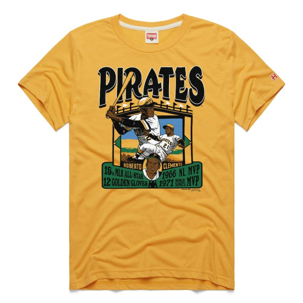 Roberto Clemente Pittsburgh Pirates Homage Graphic Player Tri-Blend T-Shirt - Gold - MLB Lifestyle