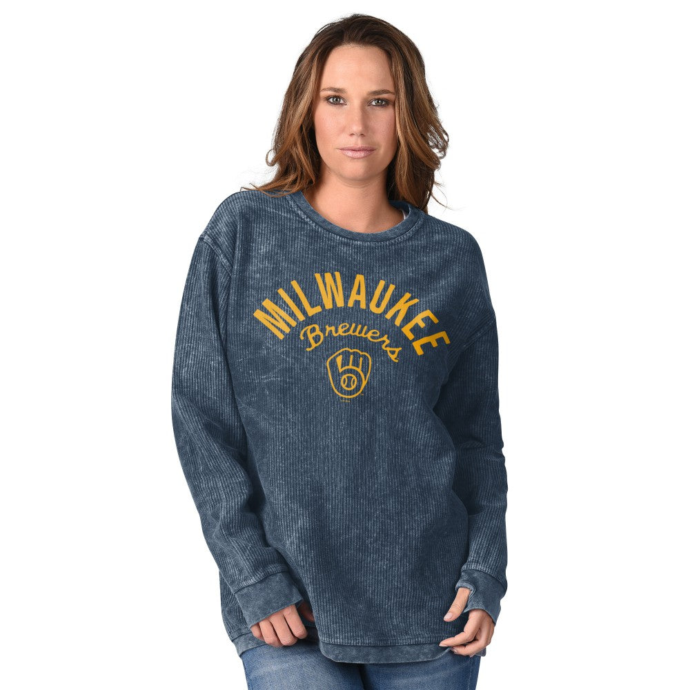 Milwaukee Brewers G-III 4Her by Carl Banks Women's Comfy Cord Pullover Sweatshirt - Navy - MLB Sale