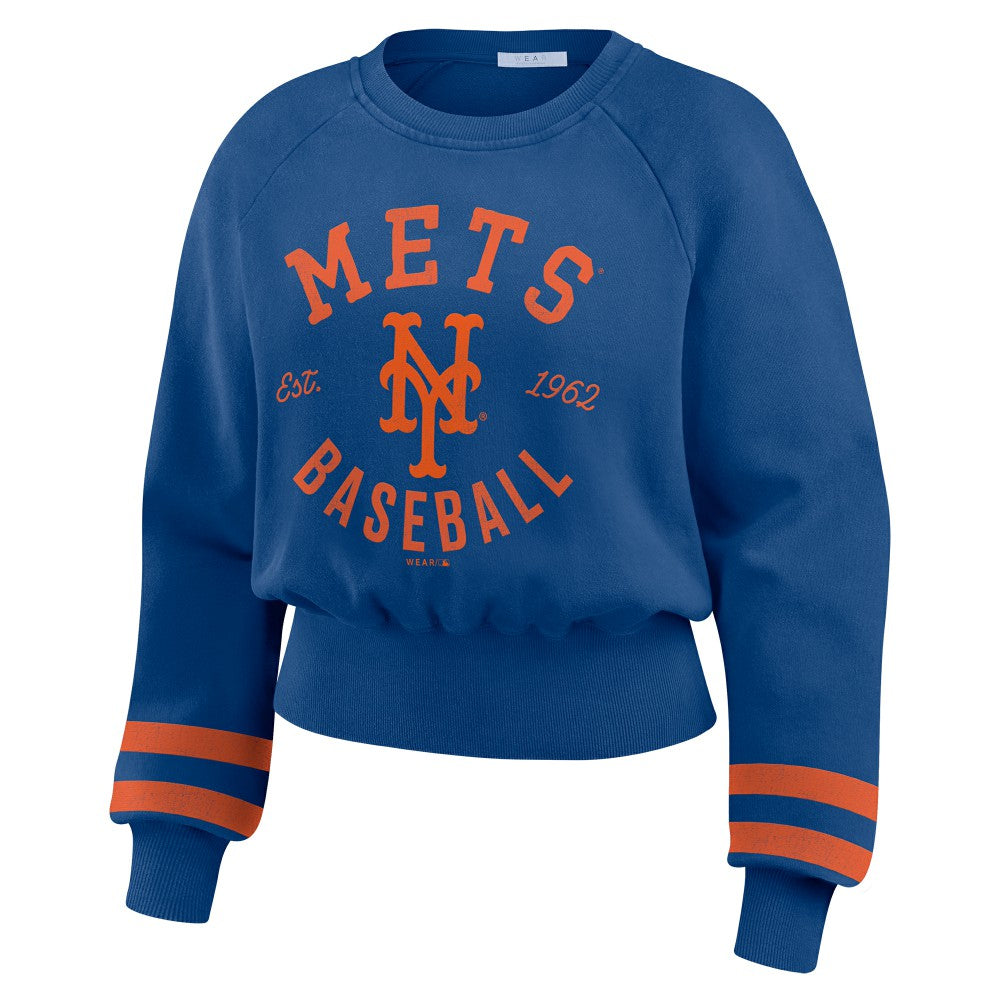 New York Mets WEAR by Erin Andrews Women's Vintage Washed Cropped Pullover Sweatshirt - Royal - MLB Lifestyle