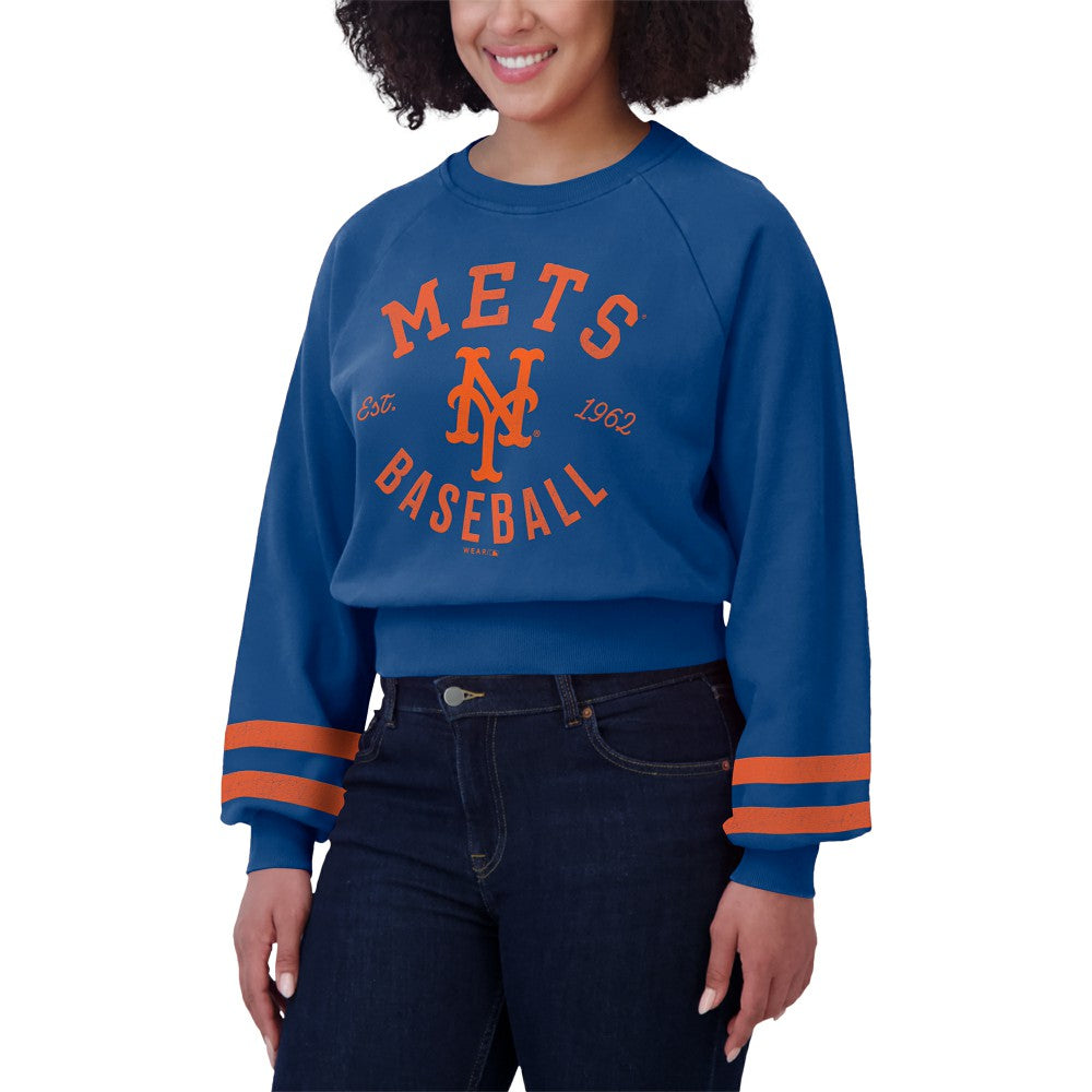 New York Mets WEAR by Erin Andrews Women's Vintage Washed Cropped Pullover Sweatshirt - Royal - MLB Lifestyle