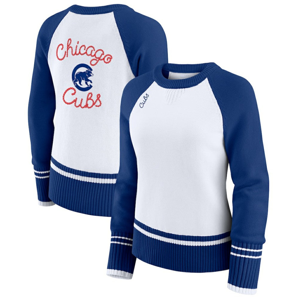 Chicago Cubs WEAR by Erin Andrews Women's Colorblock Raglan Sweater - White - MLB on Sale