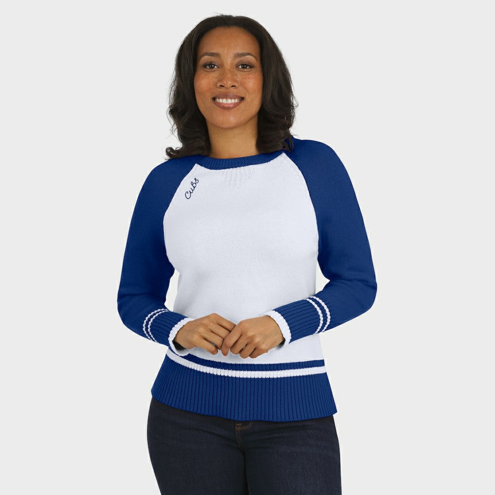 Chicago Cubs WEAR by Erin Andrews Women's Colorblock Raglan Sweater - White - MLB on Sale