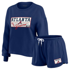 Atlanta Braves WEAR by Erin Andrews Women's Heavy Rugby Jersey Cropped Long Sleeve T-Shirt & Shorts Lounge Set - Navy - MLB Discount