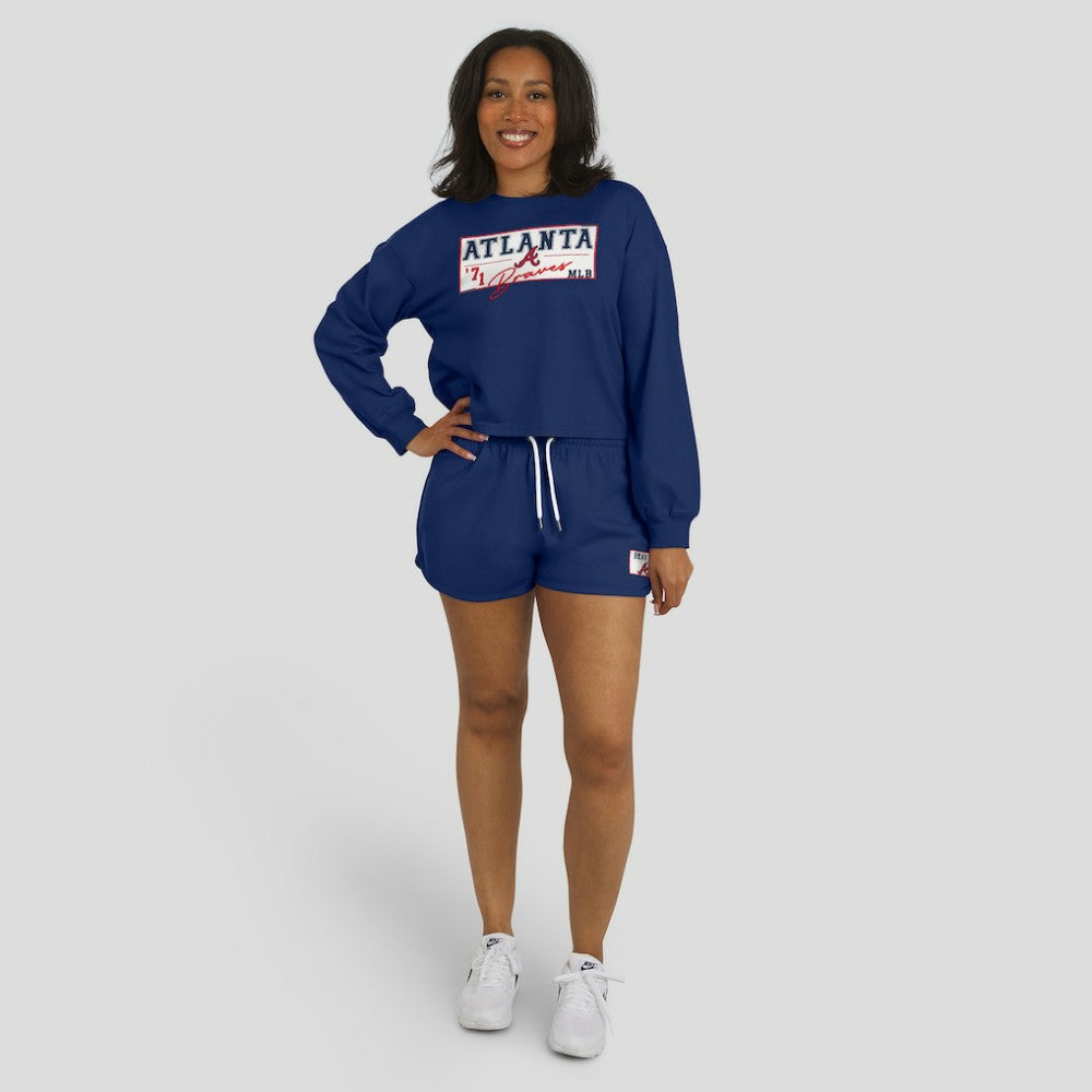 Atlanta Braves WEAR by Erin Andrews Women's Heavy Rugby Jersey Cropped Long Sleeve T-Shirt & Shorts Lounge Set - Navy - MLB Discount