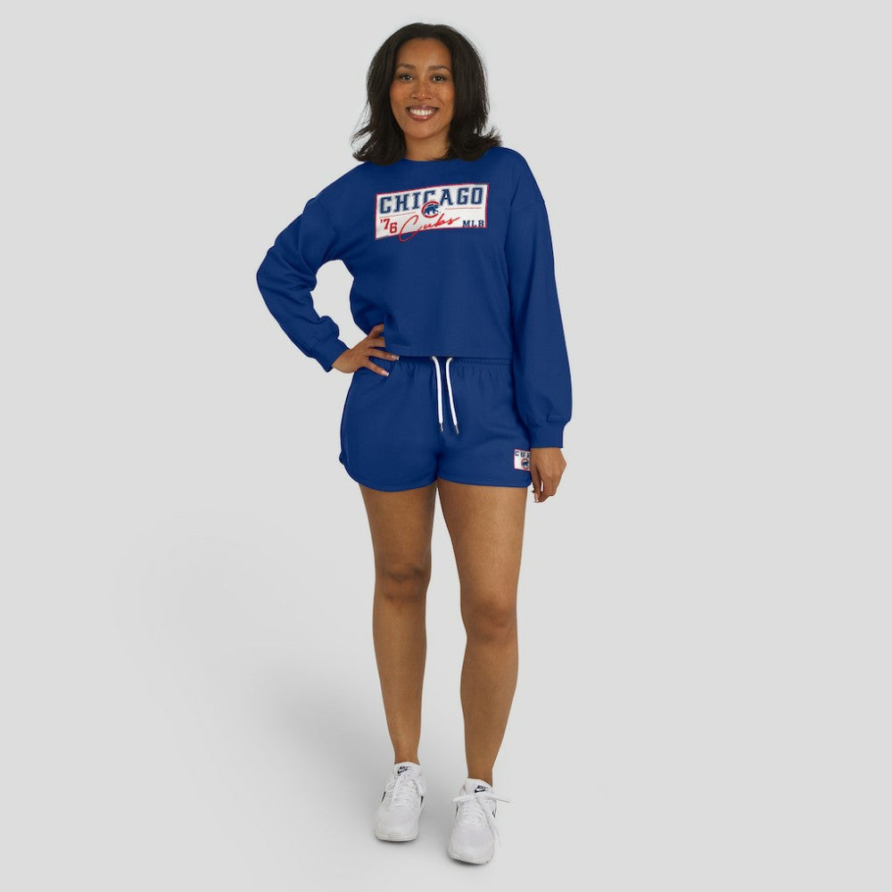 Chicago Cubs WEAR by Erin Andrews Women's Heavy Rugby Jersey Cropped Long Sleeve T-Shirt & Shorts Lounge Set - Royal - MLB Lifestyle
