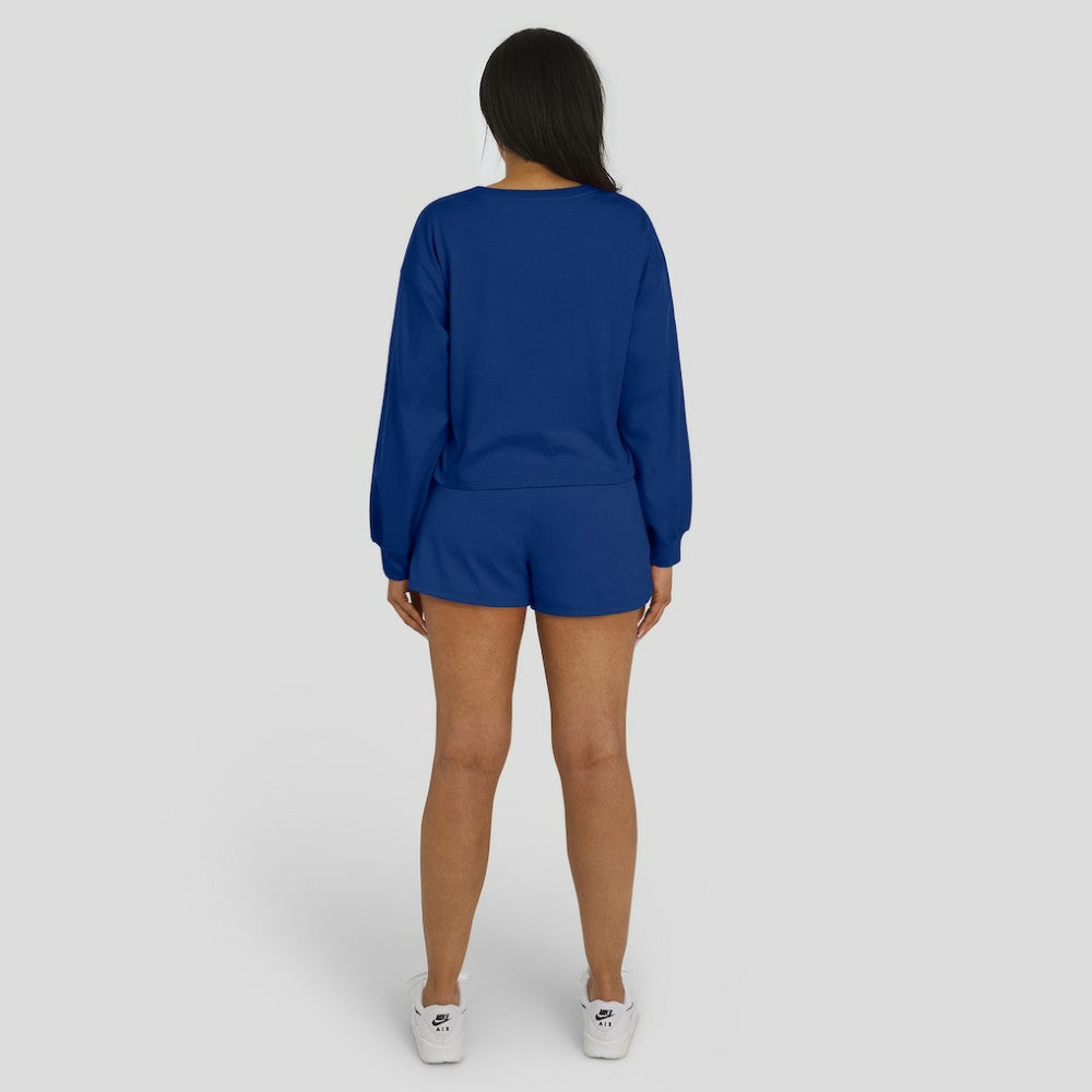 Chicago Cubs WEAR by Erin Andrews Women's Heavy Rugby Jersey Cropped Long Sleeve T-Shirt & Shorts Lounge Set - Royal - MLB Lifestyle