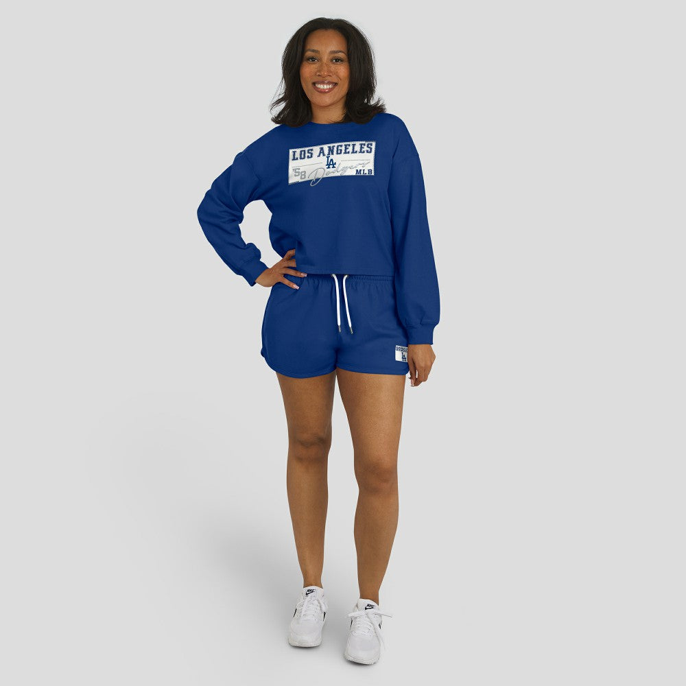 Los Angeles Dodgers WEAR by Erin Andrews Women's Heavy Rugby Jersey Cropped Long Sleeve T-Shirt & Shorts Lounge Set - Royal - MLB on Sale