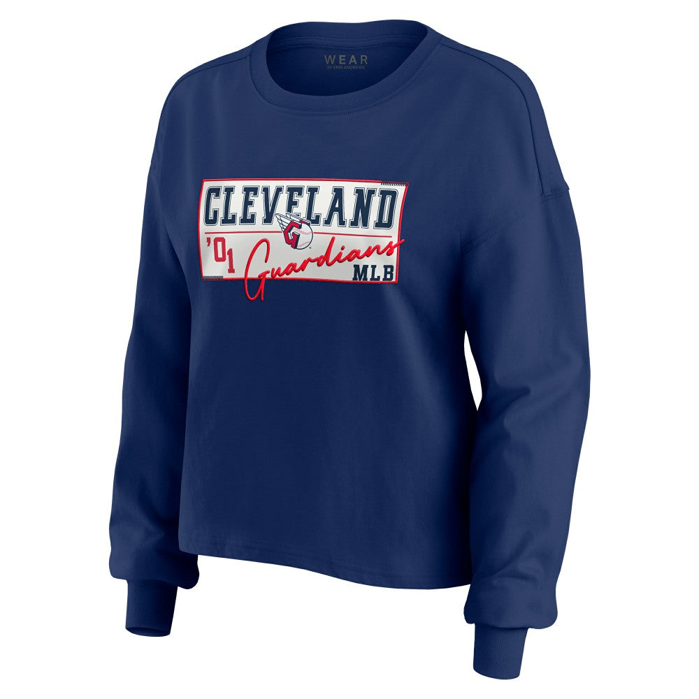 Cleveland Guardians WEAR by Erin Andrews Women's Heavy Rugby Jersey Cropped Long Sleeve T-Shirt & Shorts Lounge Set - Navy - MLB Sale