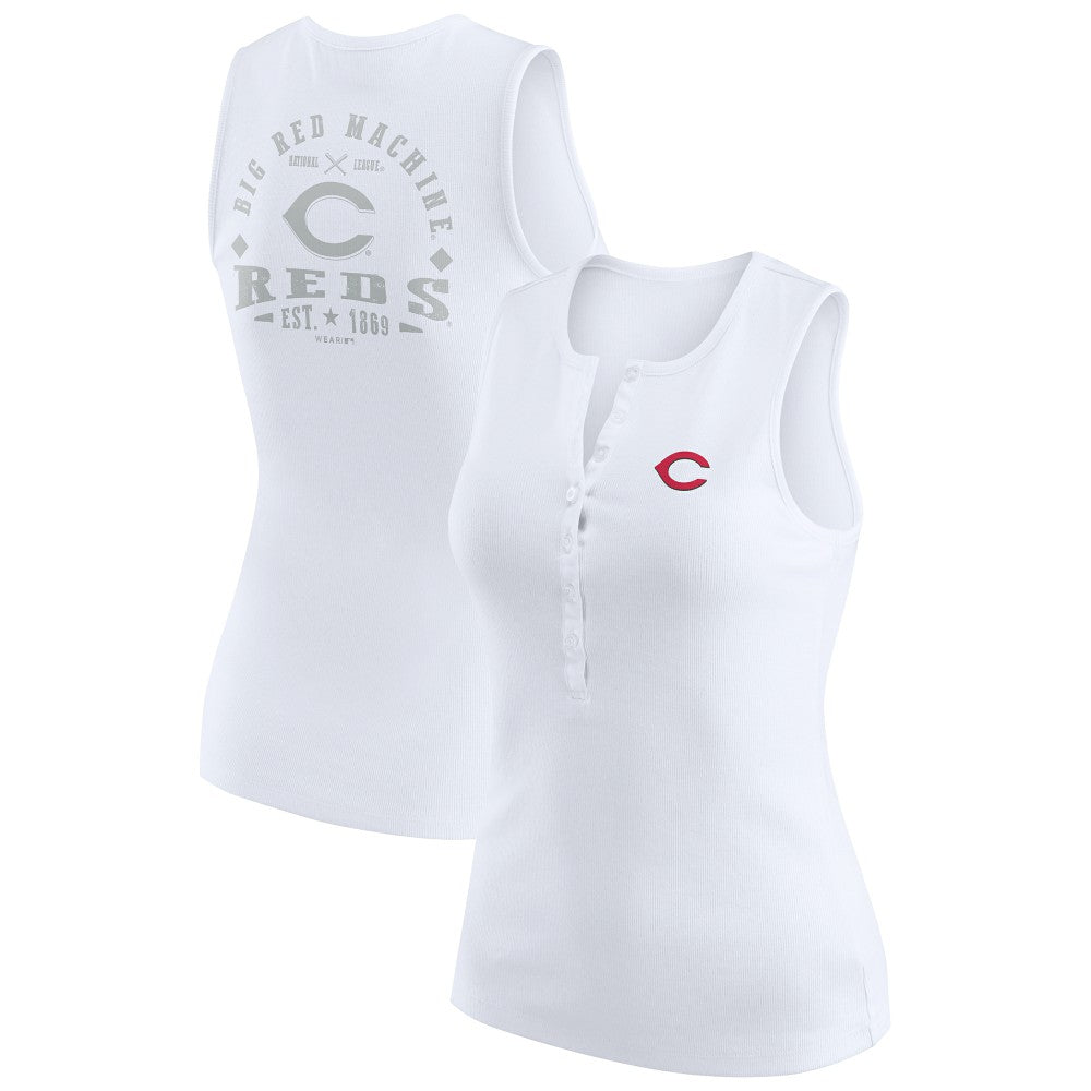 Cincinnati Reds WEAR by Erin Andrews Women's Rib-Knit Henley Tank Top - White - MLB Sale