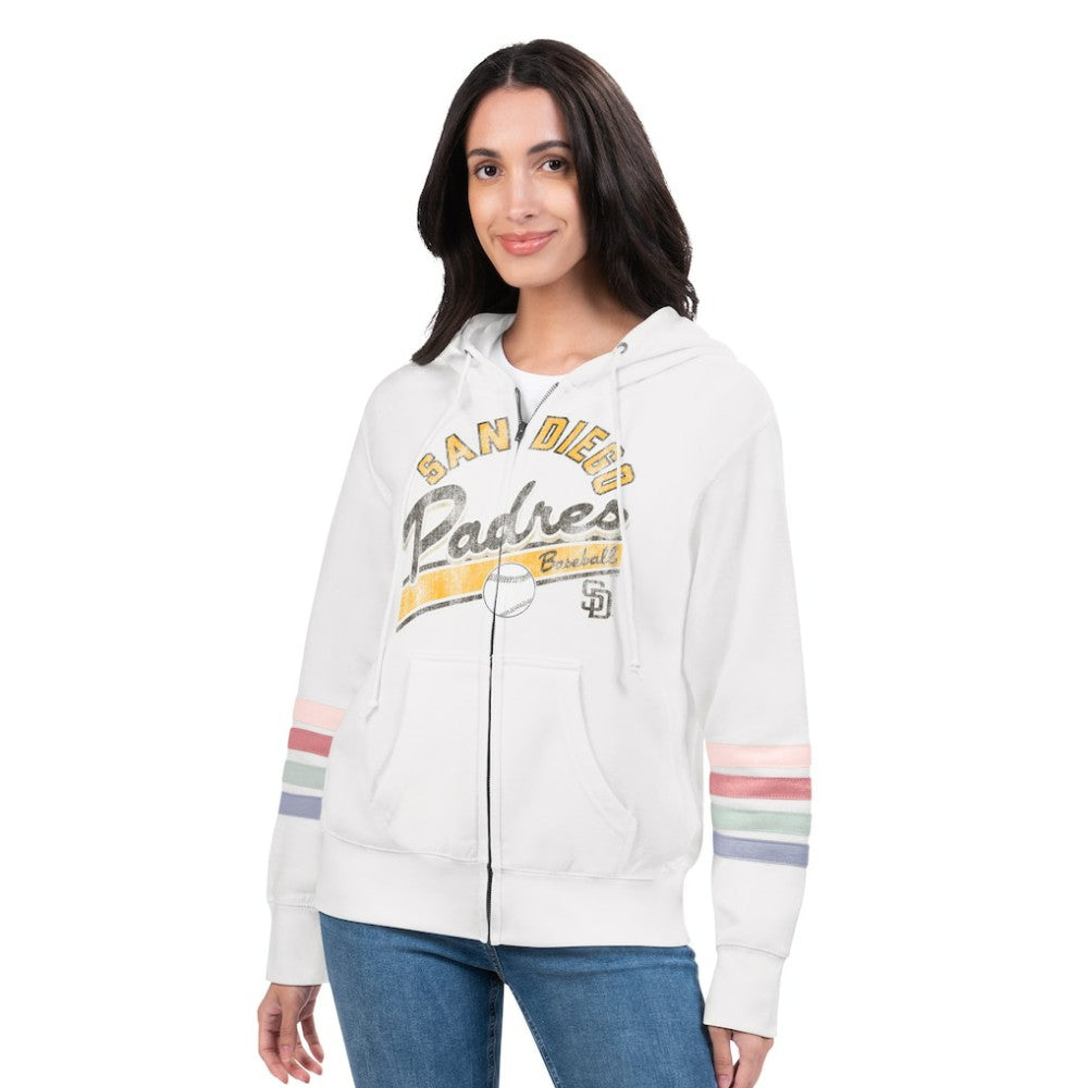 San Diego Padres G-III 4Her by Carl Banks Women's Naamah Sleeve Stripe Fleece Full-Zip Hoodie - White - MLB Discount