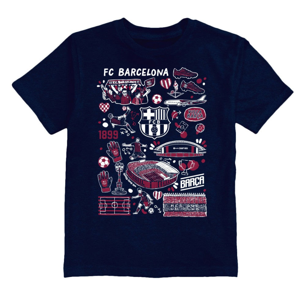 Barcelona Vive La Fete Youth Impressions Artwork T-Shirt Navy