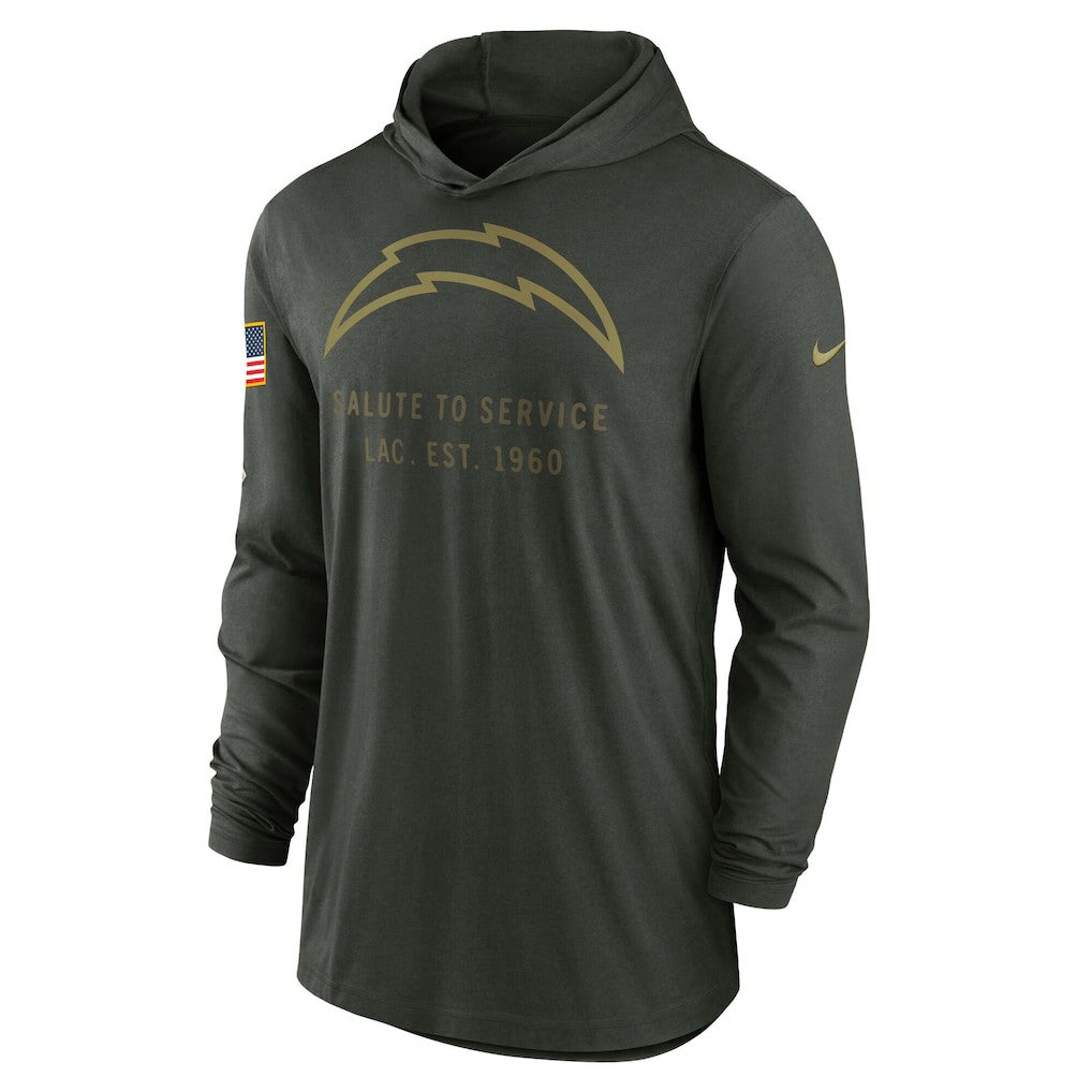 Nike Los Angeles Chargers 2025 Salute to Service Sideline Dri-FIT Lightweight Hooded Pullover Forest Green