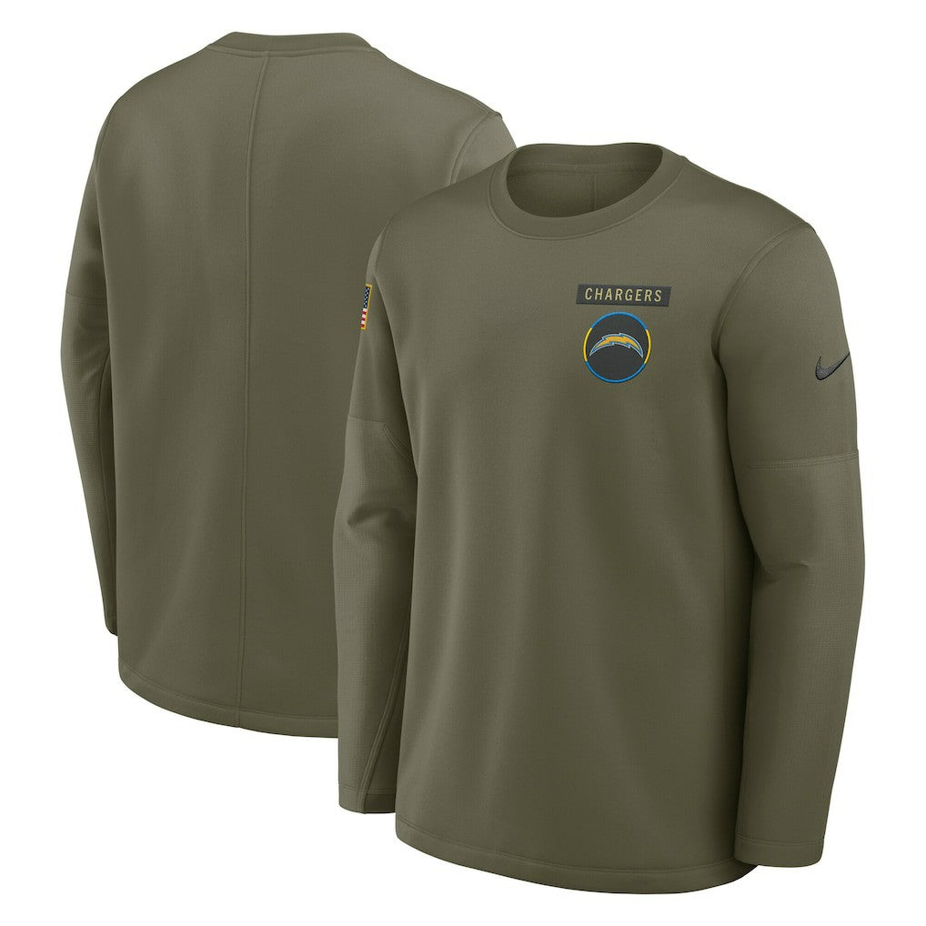 Nike Los Angeles Chargers 2025 Salute to Service Sideline Coaches Therma-FIT Long Sleeve Shirt Olive