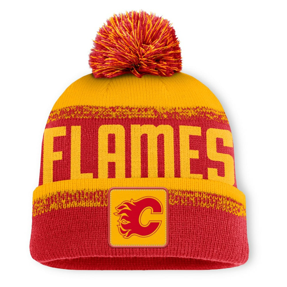 Calgary Flames Fanatics Fundamentals Thrive Cuffed Knit Hat with Pom - Red/Gold - NHL 202777602