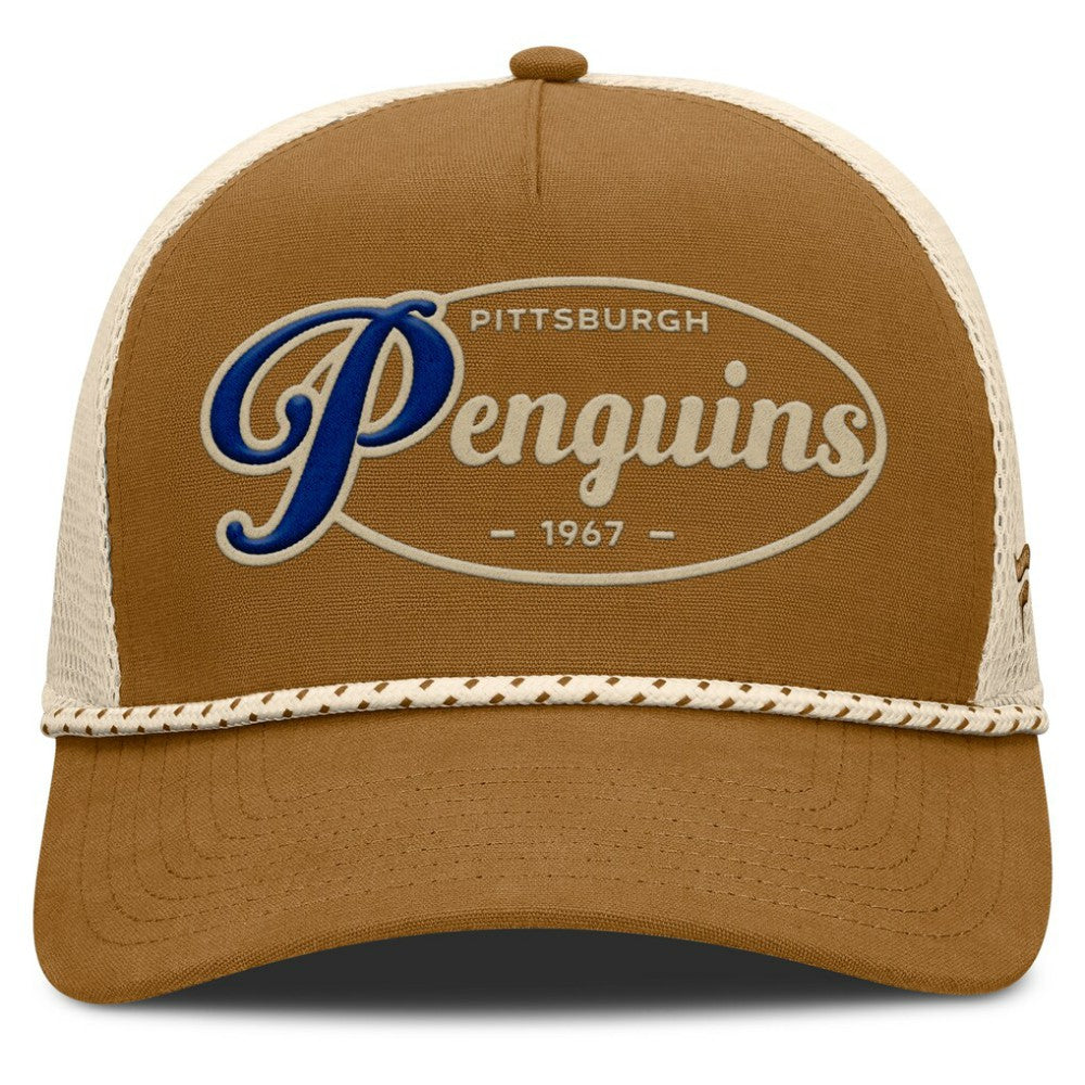 Pittsburgh Penguins Fanatics Heritage Fetch A-Frame Trucker Adjustable Hat - Brown/Cream - NHL 202777712