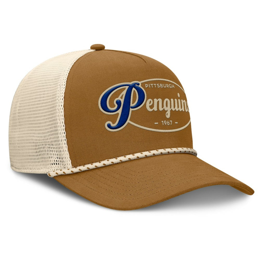 Pittsburgh Penguins Fanatics Heritage Fetch A-Frame Trucker Adjustable Hat - Brown/Cream - NHL 202777712