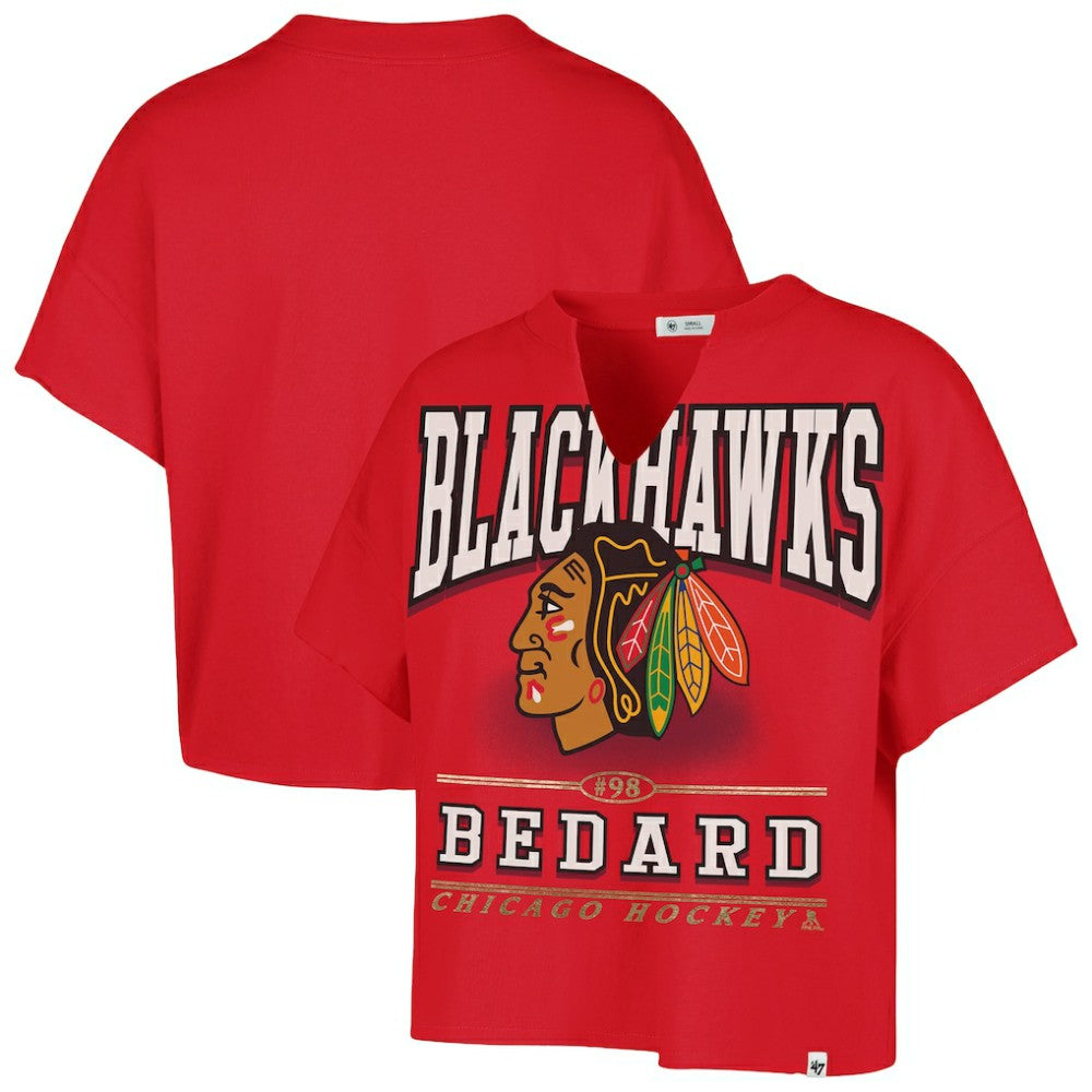 Connor Bedard Chicago Blackhawks '47 Women's Elation Name & Number Oversized Notch Neck T-Shirt - Red - NHL 202784299