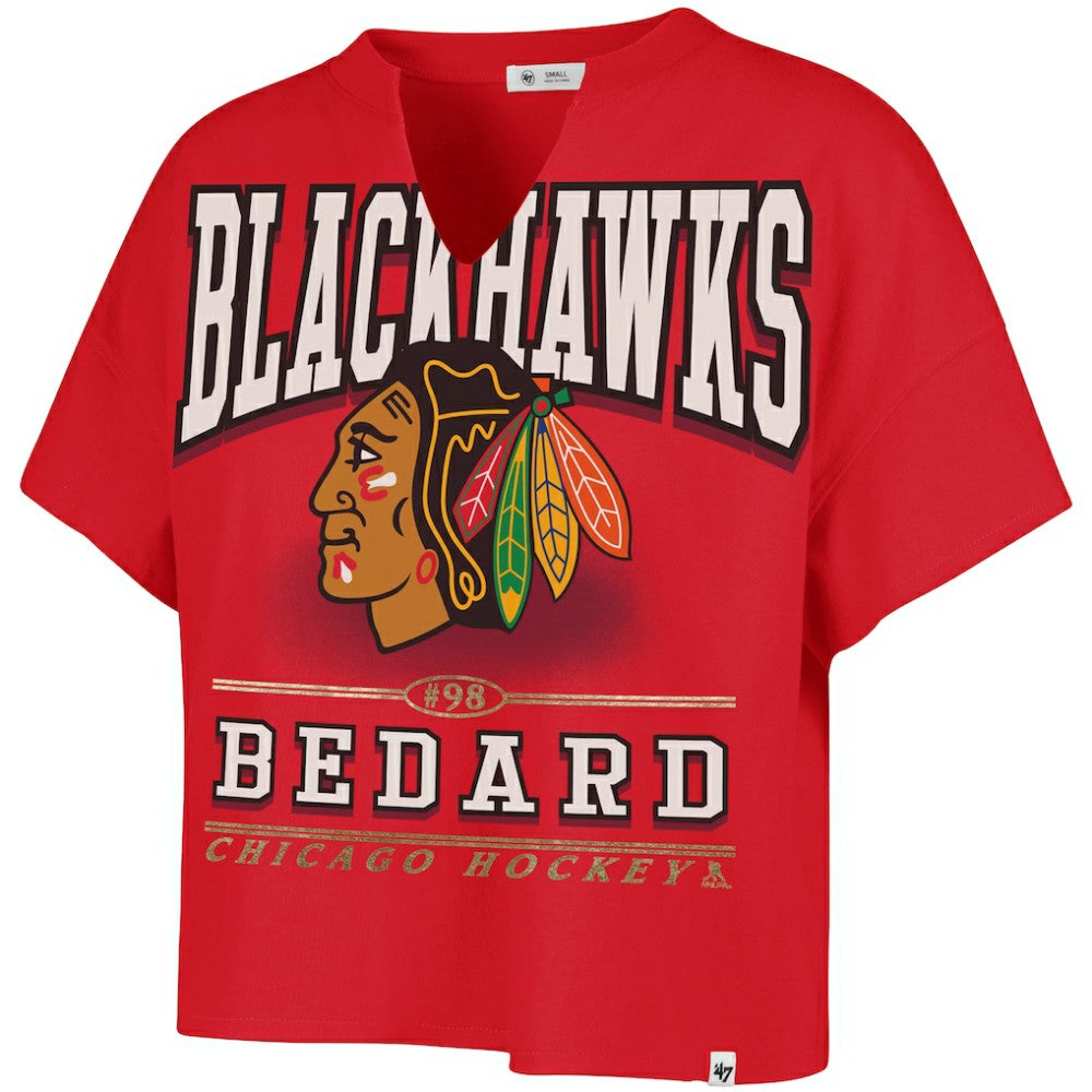 Connor Bedard Chicago Blackhawks '47 Women's Elation Name & Number Oversized Notch Neck T-Shirt - Red - NHL 202784299
