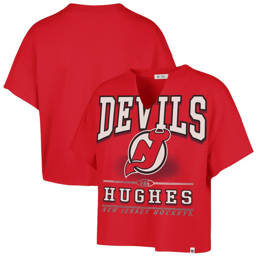 Jack Hughes New Jersey Devils '47 Women's Elation Name & Number Oversized Notch Neck T-Shirt - Red - NHL 202784301
