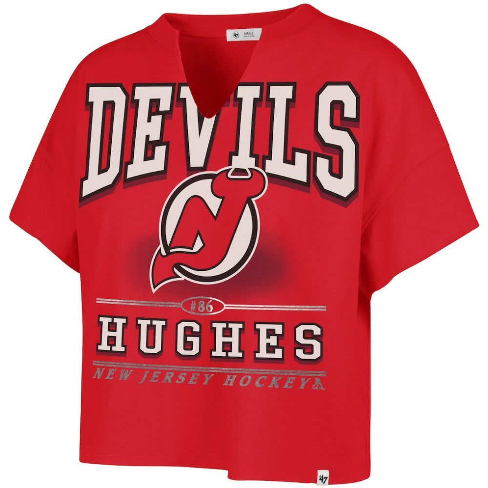 Jack Hughes New Jersey Devils '47 Women's Elation Name & Number Oversized Notch Neck T-Shirt - Red - NHL 202784301