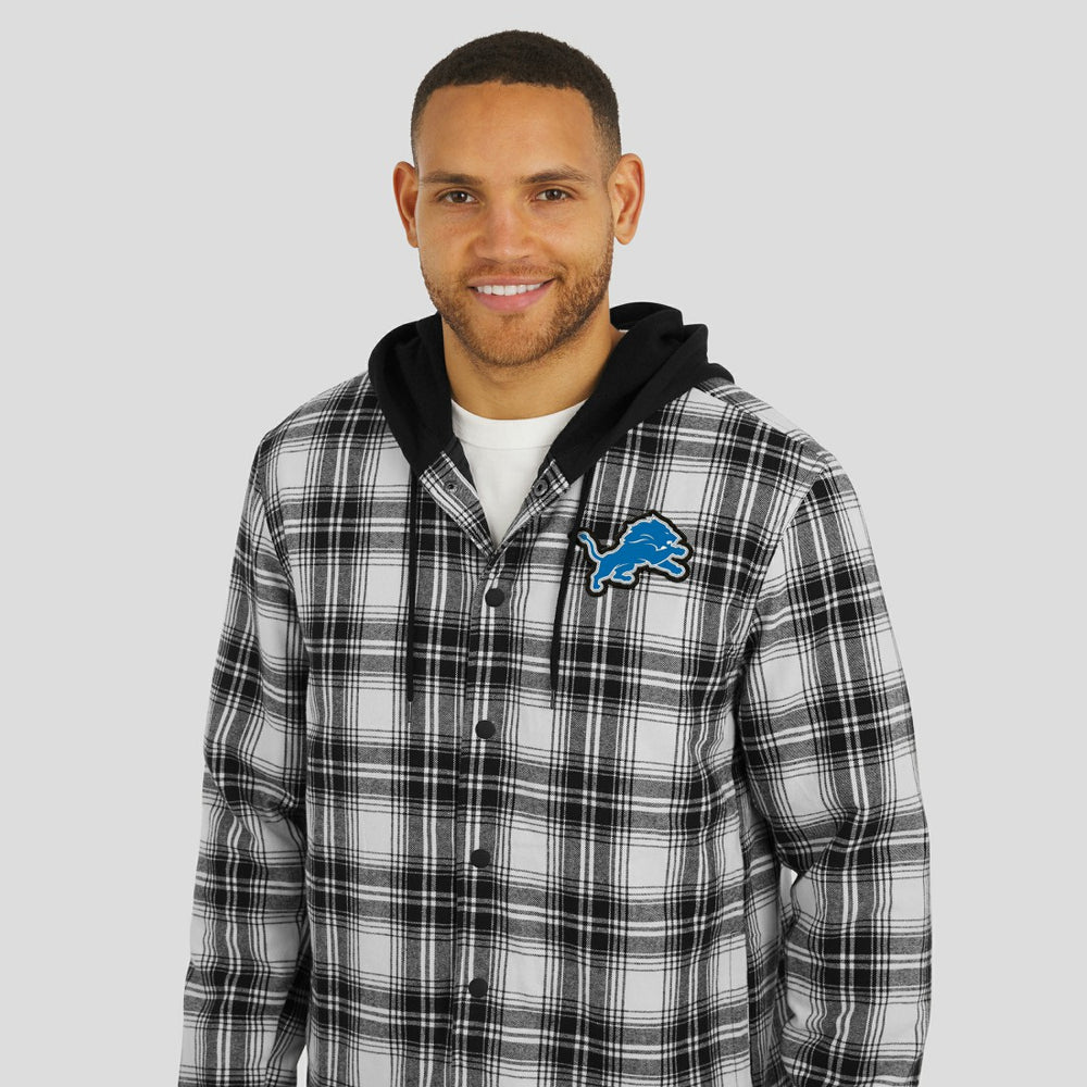 Fanatics Detroit Lions NFL x Darius Rucker Collection Plaid Flannel Quilted Full-Snap Hooded Shacket Black