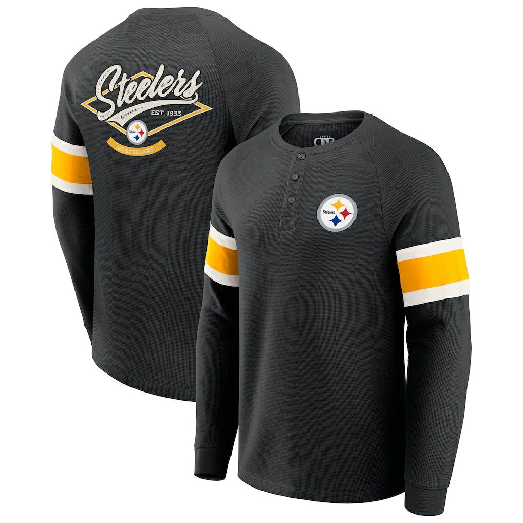 Fanatics Pittsburgh Steelers Darius Rucker Collection Waffle-Knit Raglan Long Sleeve Henley T-Shirt Black