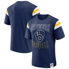 Milwaukee Brewers Darius Rucker Collection by Fanatics Distressed Sleeve Stripe T-Shirt - Navy - Fanatics Online