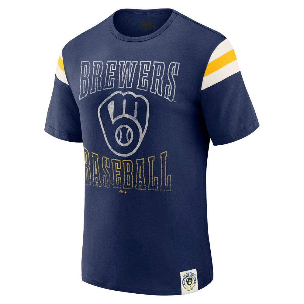 Milwaukee Brewers Darius Rucker Collection by Fanatics Distressed Sleeve Stripe T-Shirt - Navy - Fanatics Online