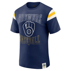 Milwaukee Brewers Darius Rucker Collection by Fanatics Distressed Sleeve Stripe T-Shirt - Navy - Fanatics Online