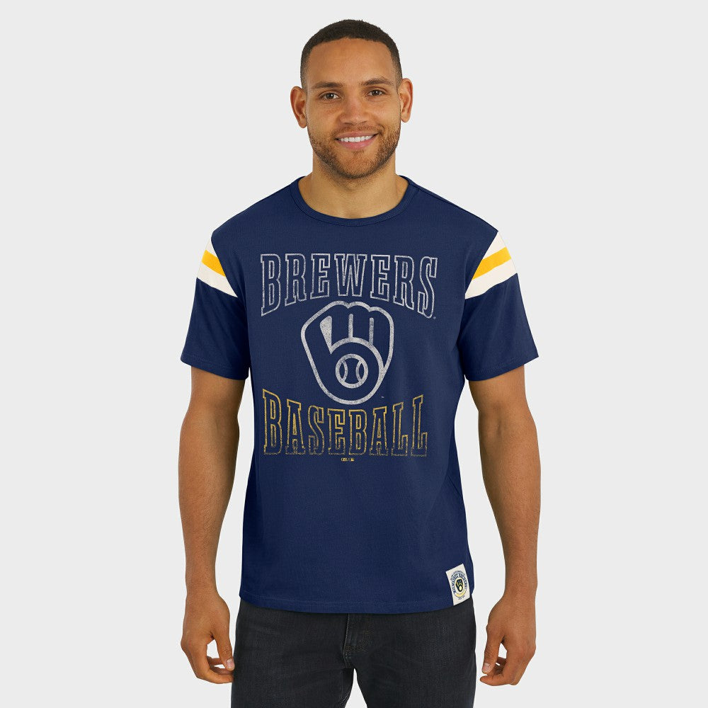 Milwaukee Brewers Darius Rucker Collection by Fanatics Distressed Sleeve Stripe T-Shirt - Navy - Fanatics Online