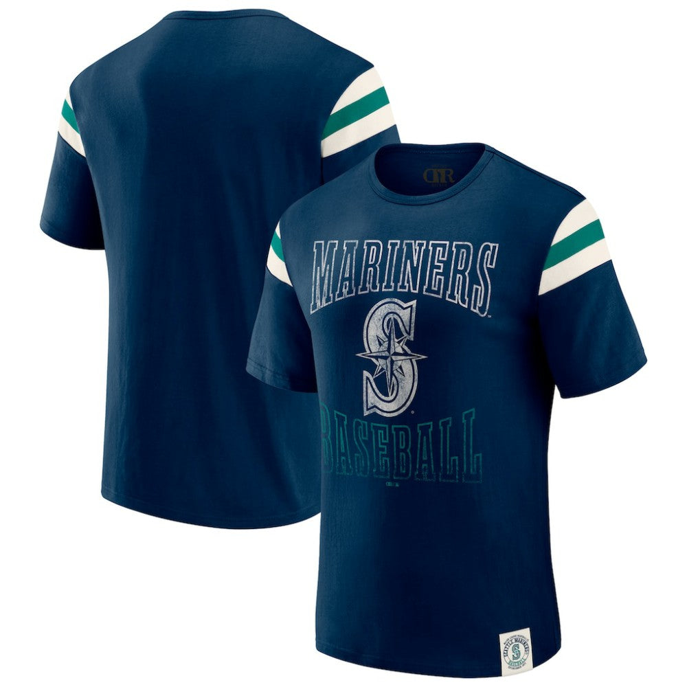 Seattle Mariners Darius Rucker Collection by Fanatics Distressed Sleeve Stripe T-Shirt - Navy - Fanatics Discount