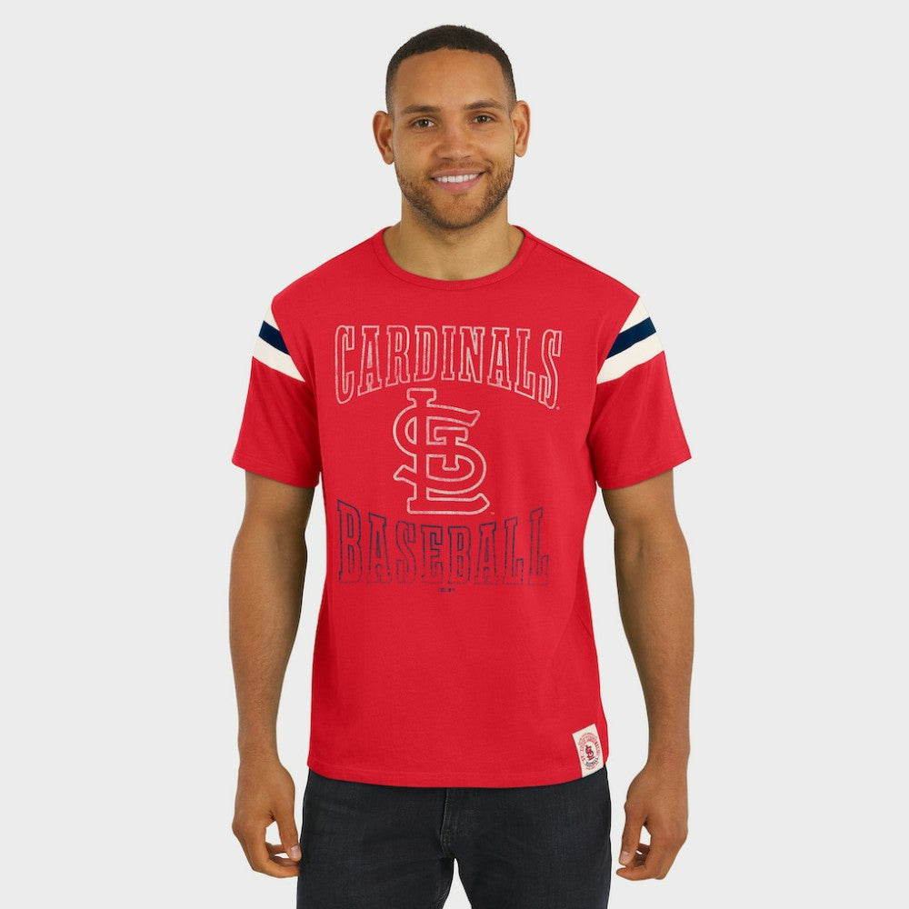 St. Louis Cardinals Darius Rucker Collection by Fanatics Distressed Sleeve Stripe T-Shirt - Red - Fanatics Sale