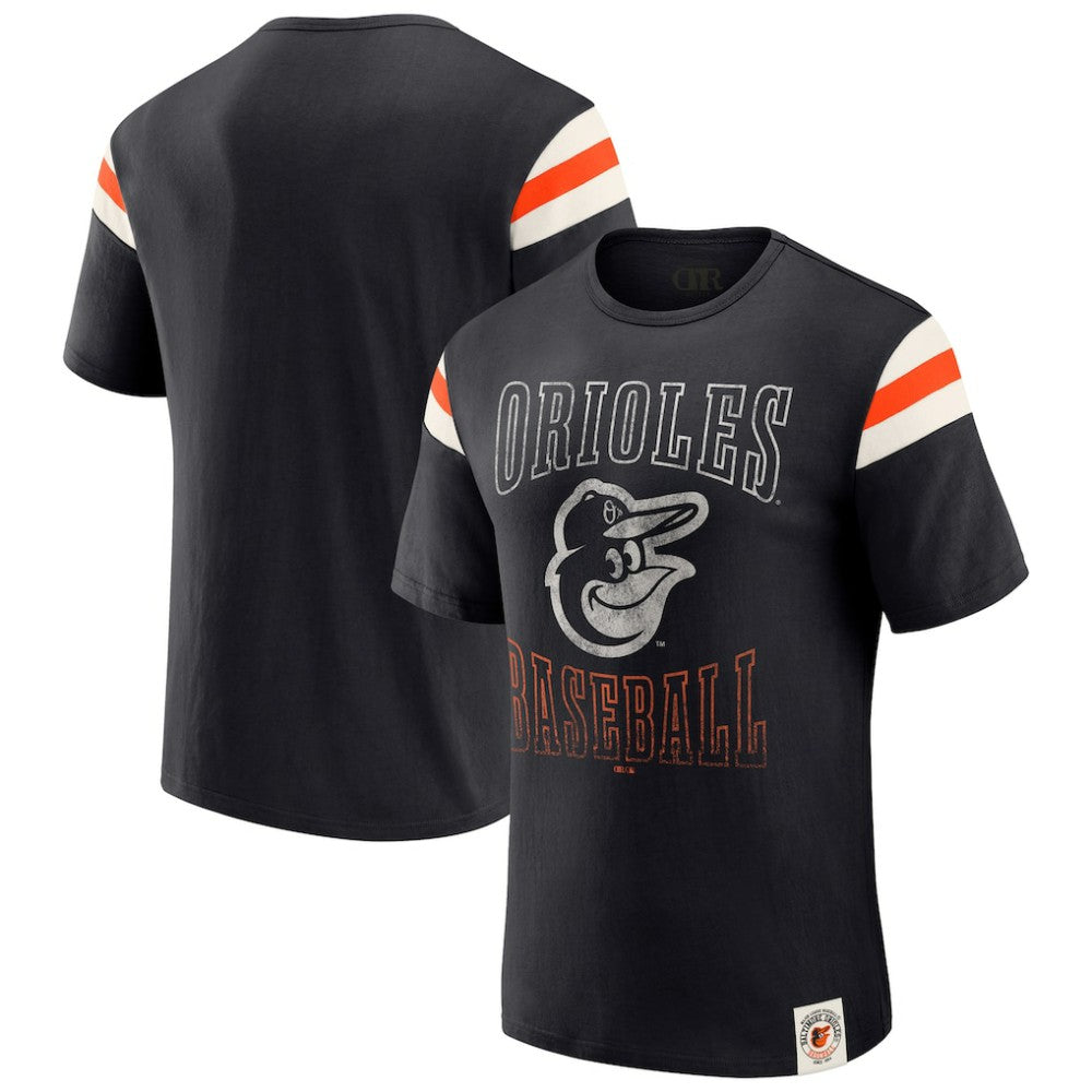 Baltimore Orioles Darius Rucker Collection by Fanatics Distressed Sleeve Stripe T-Shirt - Black - Fanatics on Sale