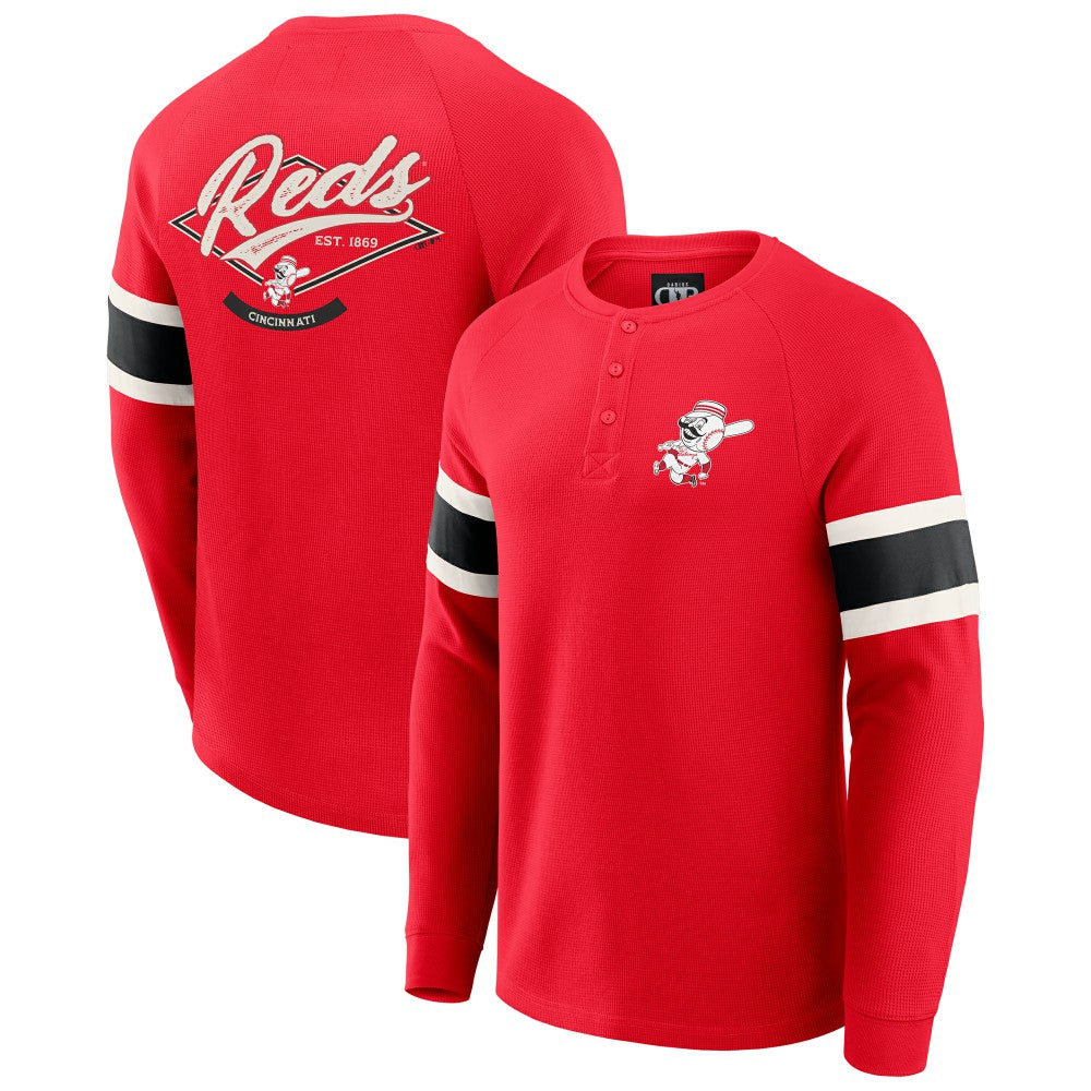 Cincinnati Reds Darius Rucker Collection by Fanatics Waffle-Knit Raglan Long Sleeve Henley T-Shirt - Red - Fanatics Sale