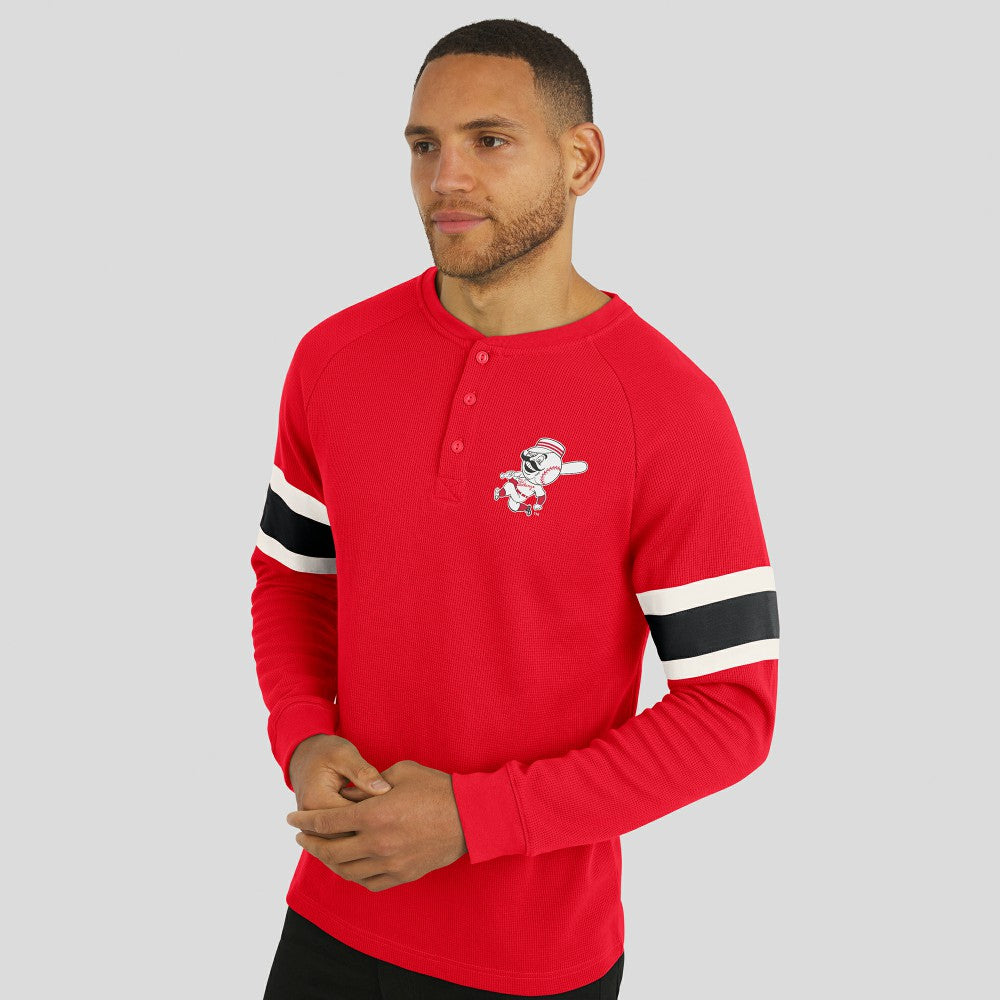 Cincinnati Reds Darius Rucker Collection by Fanatics Waffle-Knit Raglan Long Sleeve Henley T-Shirt - Red - Fanatics Sale