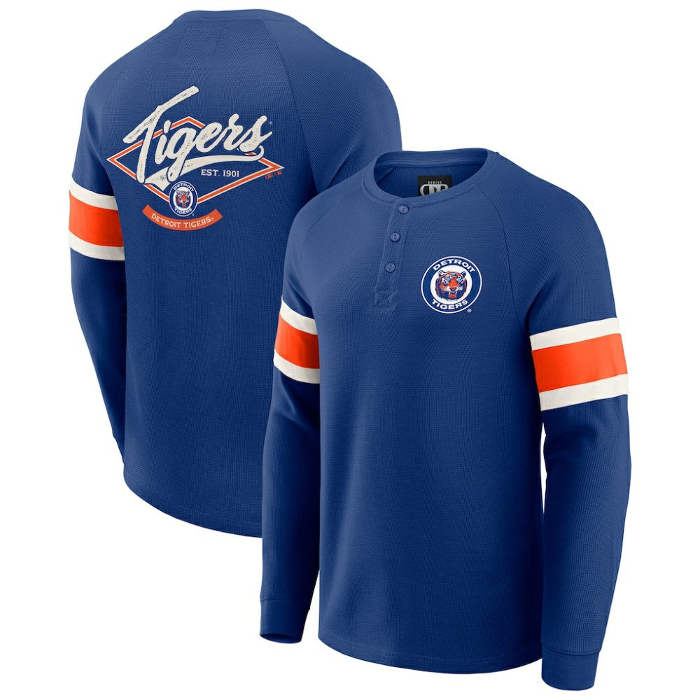 Detroit Tigers Darius Rucker Collection by Fanatics Waffle-Knit Raglan Long Sleeve Henley T-Shirt - Blue - Fanatics Discount